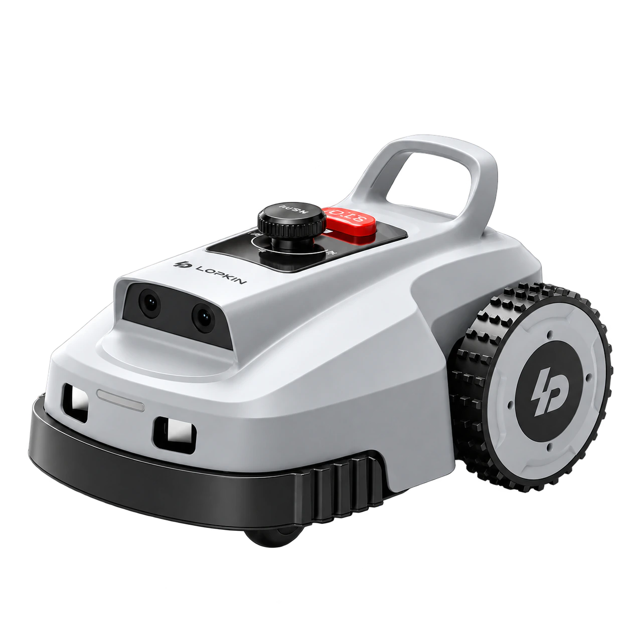 White LOPKIN robotic lawn mower, shown as a clean product cutout