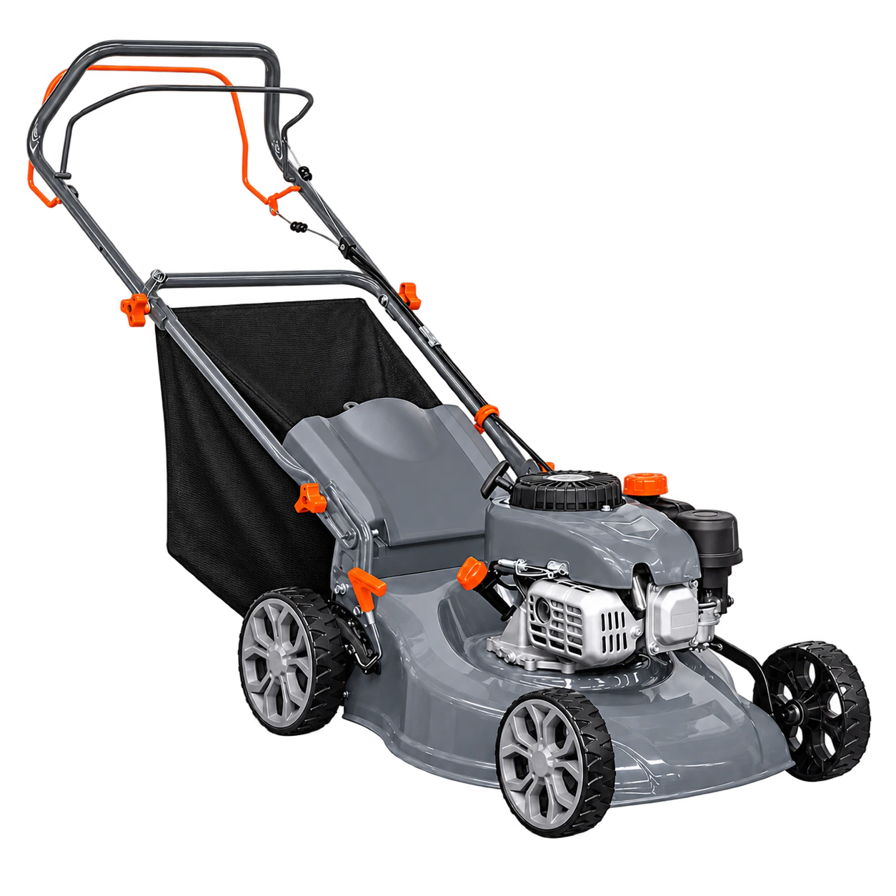 Complete walk-behind lawn mower with grass catcher bag, shown as a product cutout