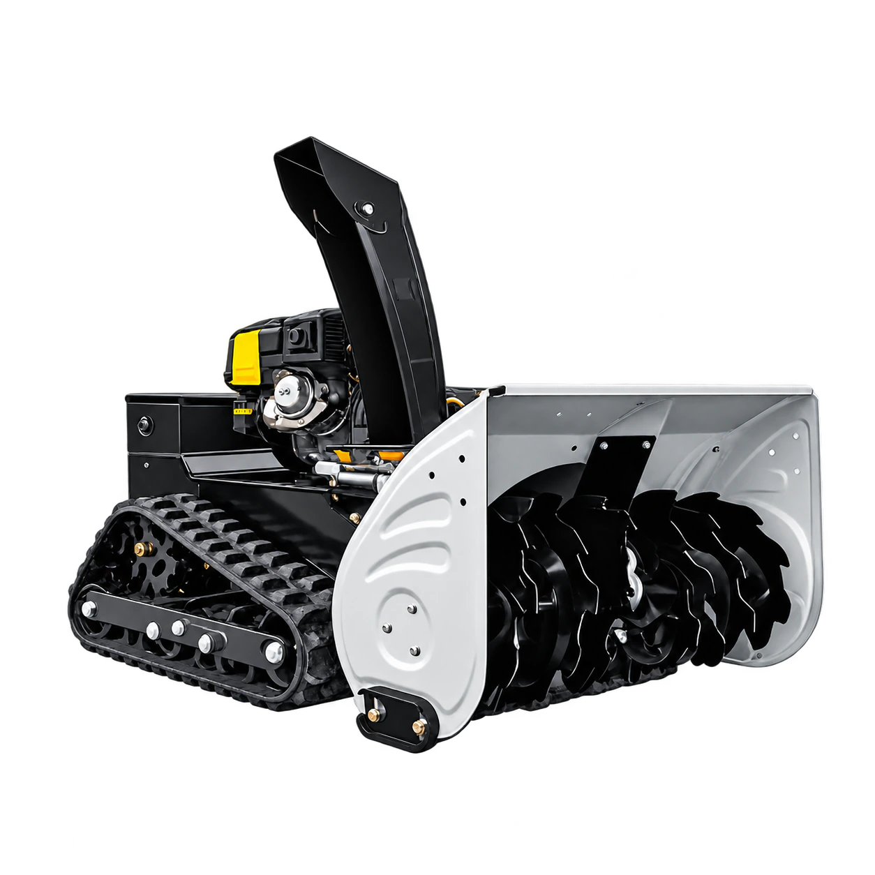 White tracked snow blower with black auger and discharge chute